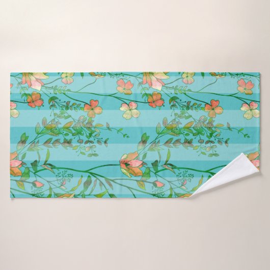 Fleurs sur l'arrière - plan rayé bleu d'Aqua (Serviette de bain)