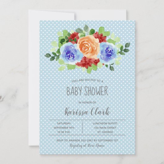 Fleurs sur Pois bleus Baby showers Invitations (Devant)