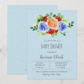 Fleurs sur Pois bleus Baby showers Invitations (Devant / Derrière)