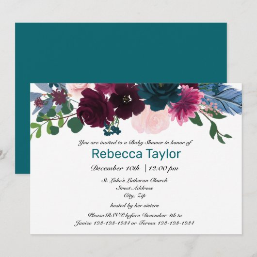 Fleurs Teal - Invitation Baby Shower (Devant / Derrière)