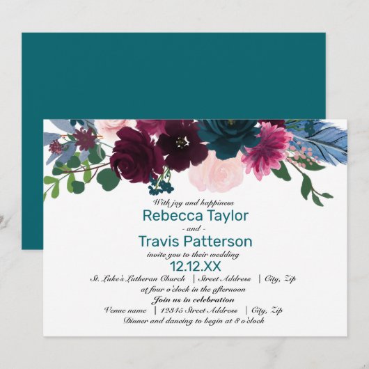 Fleurs Teintes Sarcelle - Invitation Mariage/Récep (Devant / Derrière)
