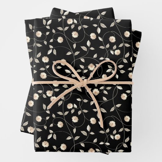 Fleurs Tourbillons Feuilles sur Fond Noir (En situation)