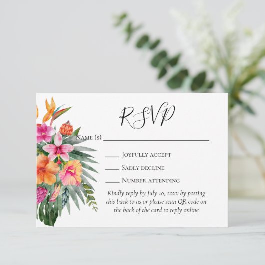 Fleurs tropicales colorées QR Code Mariage RSVP (Debout devant)