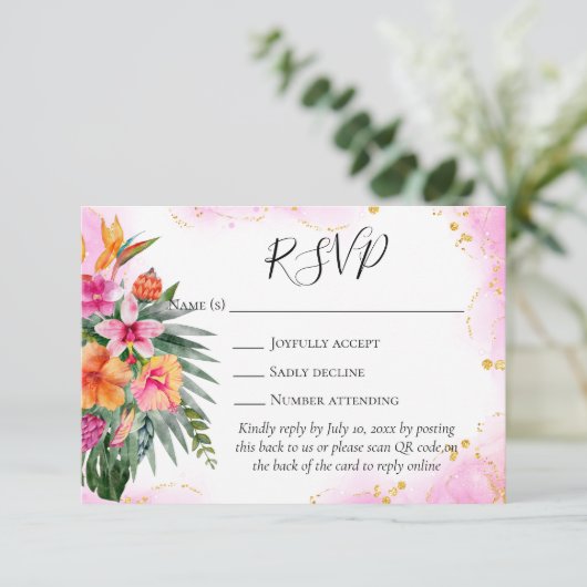 Fleurs tropicales colorées QR Code Mariage RSVP (Debout devant)