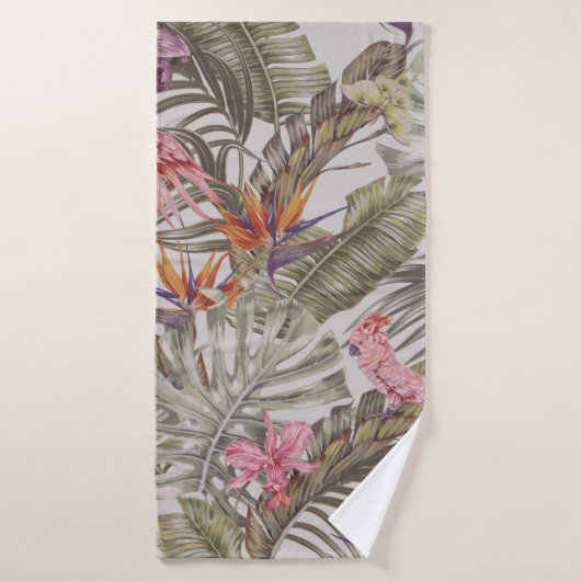 Fleurs tropicales, feuilles de palmiers, oiseau de (Serviette de bain)