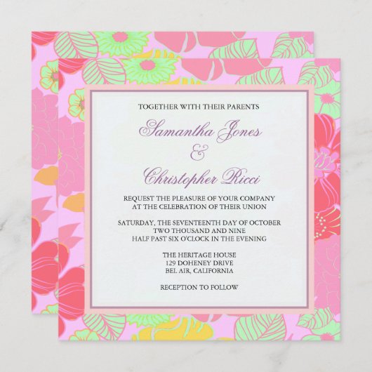 Fleurs tropicales + Monogrammes, Invitations (Devant / Derrière)