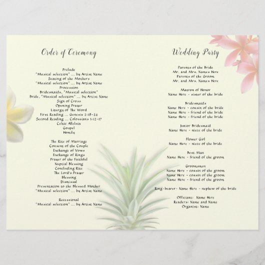 Fleurs tropicales Programme de mariage d'ananas pl (Dos)