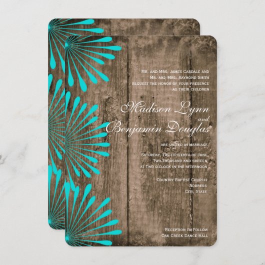 Fleurs Turquoises en bois rustique Invitations de (Devant / Derrière)