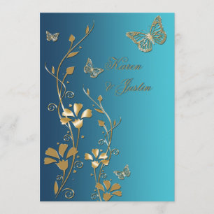 Fleurs turquoises et d'or et papillons Invitation