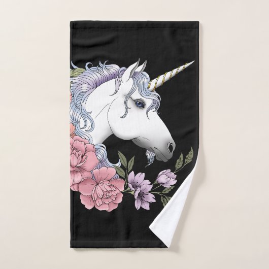 Fleurs Unicorne Blanches Rose Noir (Serviette à main)
