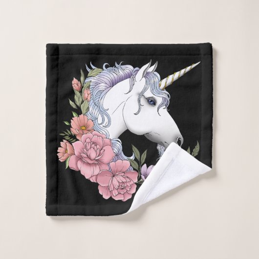 Fleurs Unicorne Blanches Rose Noir (Gant de toilette)