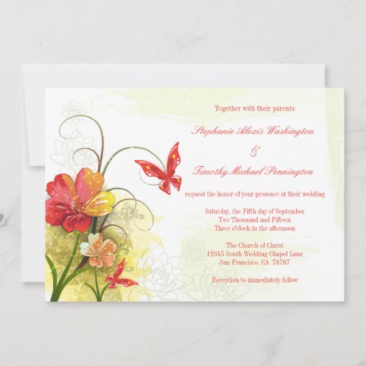 Fleurs vert rouge + faire-part de mariage papillon (Devant)