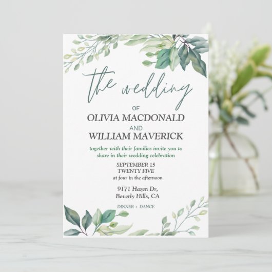 Fleurs vertes modernes Faire-part de mariage simpl (Debout devant)