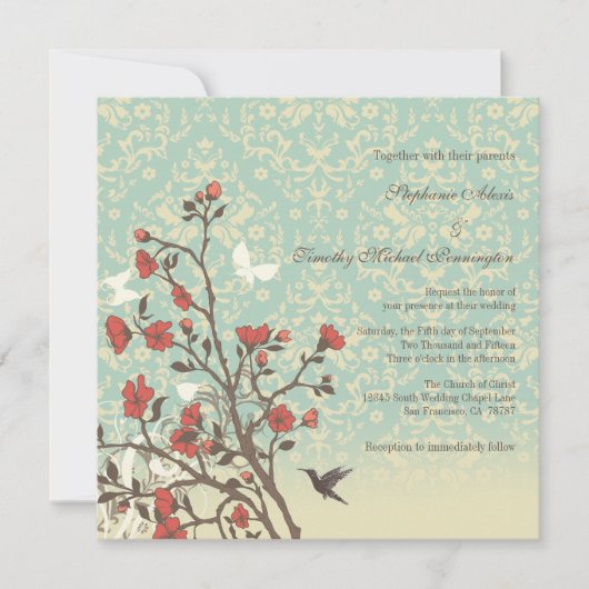 Fleurs vintages, oiseau + invitation de mariage (Devant)