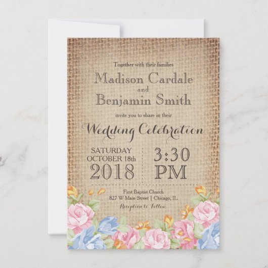 Fleurs vintages Rustique Burlap Invitations de mar (Devant)