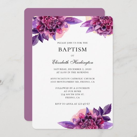 Fleurs violettes aquarelle baptême invitation (Devant / Derrière)