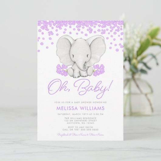 Fleurs violettes Eléphant Fille Invitations Baby s (Debout devant)