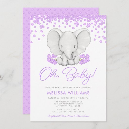 Fleurs violettes Eléphant Fille Invitations Baby s (Devant / Derrière)