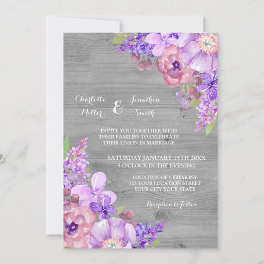 Fleurs violettes en bois rustique Invitations de m (Dos)