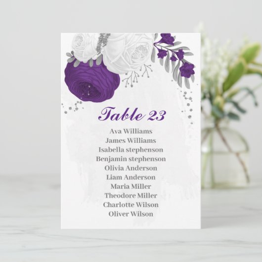 fleurs violettes et blanches carte de siège argent (Debout devant)