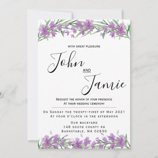 Fleurs violettes et faire-part de mariage verdoyan (Devant)