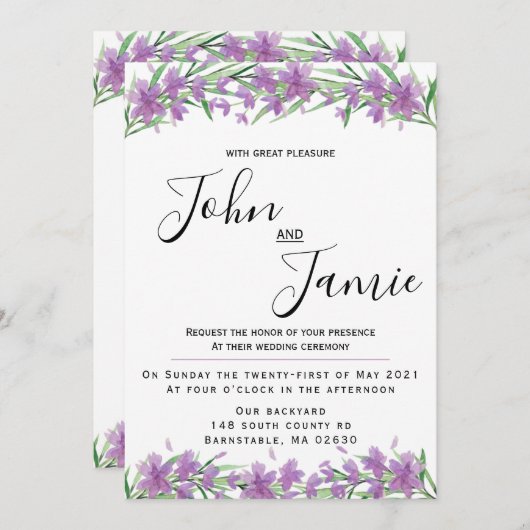 Fleurs violettes et faire-part de mariage verdoyan (Devant / Derrière)