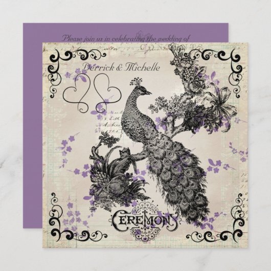 Fleurs violettes Faire-part de mariage Peacock Vin (Devant / Derrière)