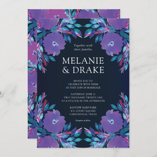 Fleurs violettes Faire-part de mariage peinte à la (Devant / Derrière)