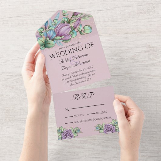 Fleurs Violettes Invitation de Mariage Tout En Un (Déchirure)