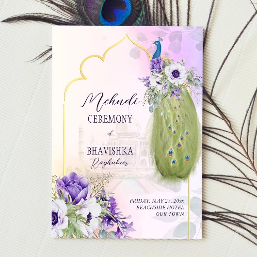 Fleurs violettes, invitation paon mehndi