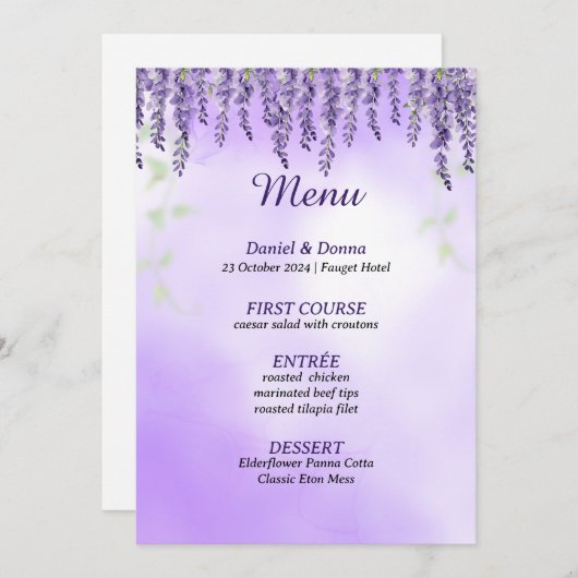 Fleurs violettes | Menu Mariage simple aquarelle (Devant / Derrière)