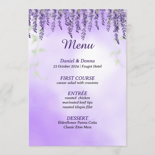 Fleurs violettes | Menu Mariage simple aquarelle (Devant)