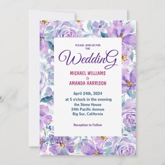Fleurs violettes simples Invitations de mariage (Devant)