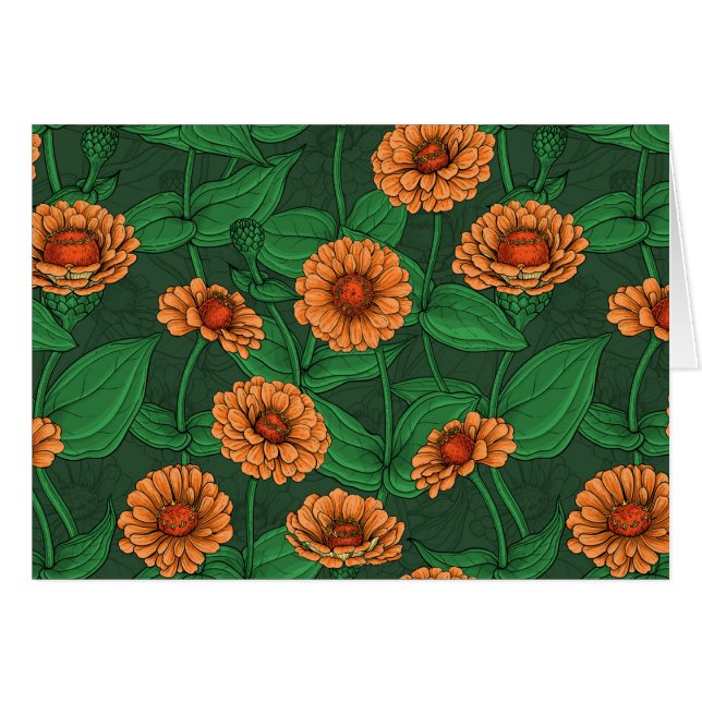 Fleurs Zinnia orange, feuilles verts sur vert fonc (Devant horizontal)