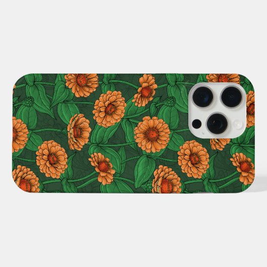 Fleurs Zinnia orange, feuilles verts sur vert fonc (Verso Horizontal)