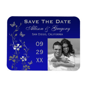 Flexible Bleu, Papillon Argent Floral Save Date Magnet