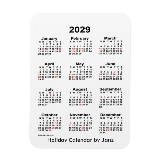 Flexible Calendrier des Fêtes Blanches 2029 par Janz Magnet (Vertical)