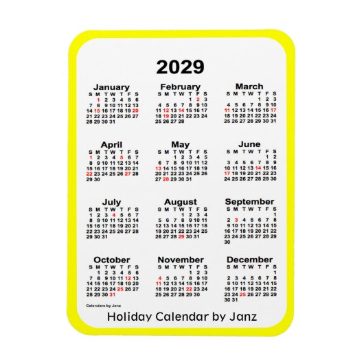 Flexible Calendrier des Fêtes Jaunes 2029 par Janz Magnet (Vertical)