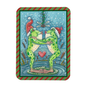 FLEXIBLE KISSING FROGS, DRAGONFLY MISTLETOE HOLIDAY MAGNET