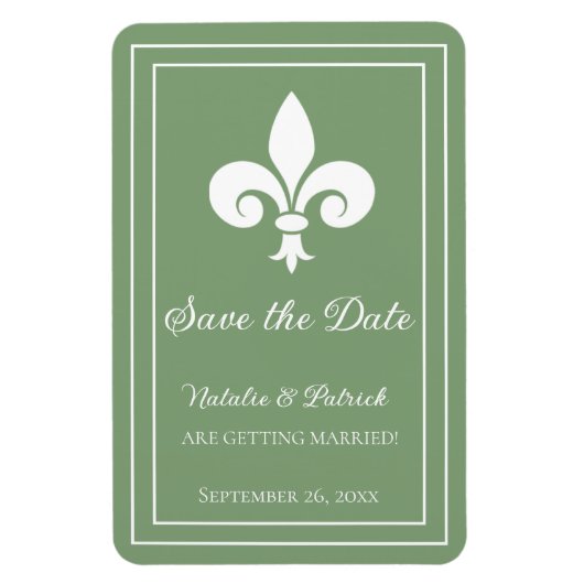 Flexible Moss Green Fleur de Lis Économisez la date Magnet (Vertical)