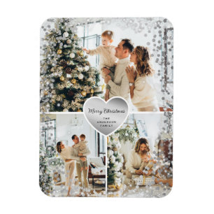 Flexible Sparkly Silver Heart Photo Merry Christmas Magnet