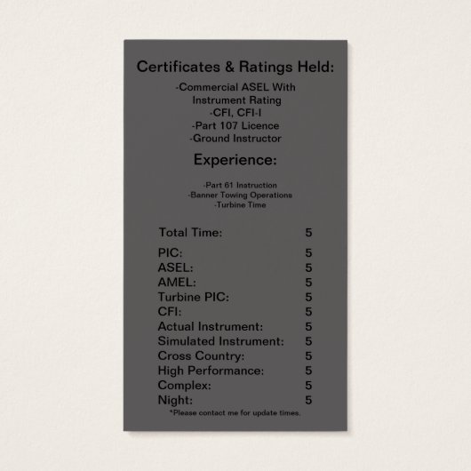 Flight Instructor Business / Resume Kaart (Achterkant)