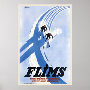 Flims Graubünden kanton van Grisons Vintage Ski Poster