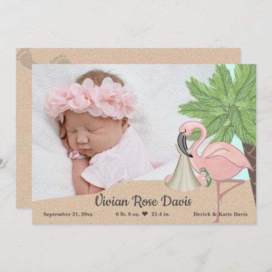 Flip Flop en Flamingo Baby Geboorteaankondiging Aankondiging (Voorkant / Achterkant)
