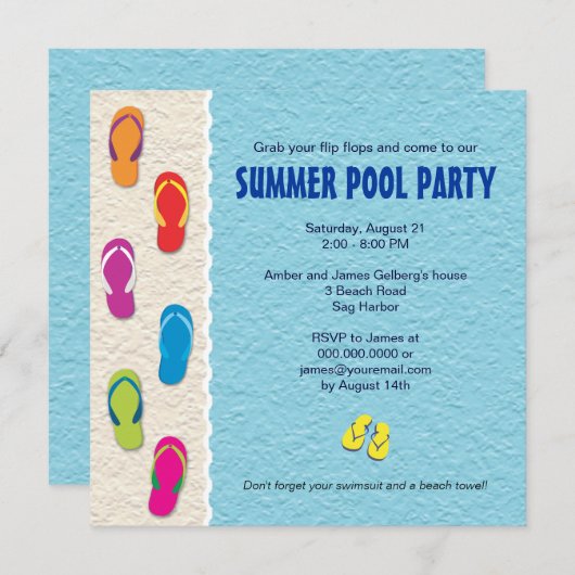 Flip Flop Pool Party Invitation Kaart (Voorkant / Achterkant)