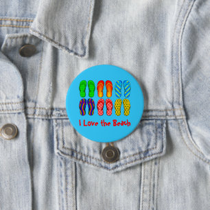 Flip Flops, Ik hou van het Strand, Ronde Button 7,6 Cm