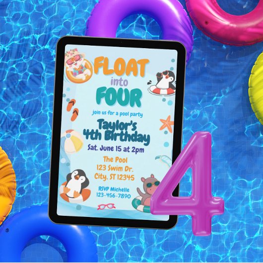 Float into Four, Pool Animals 4th Birthday Kaart