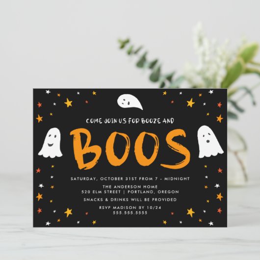 Floating Ghosts Boos en Booze Halloween Party Kaart (Staand voorkant)