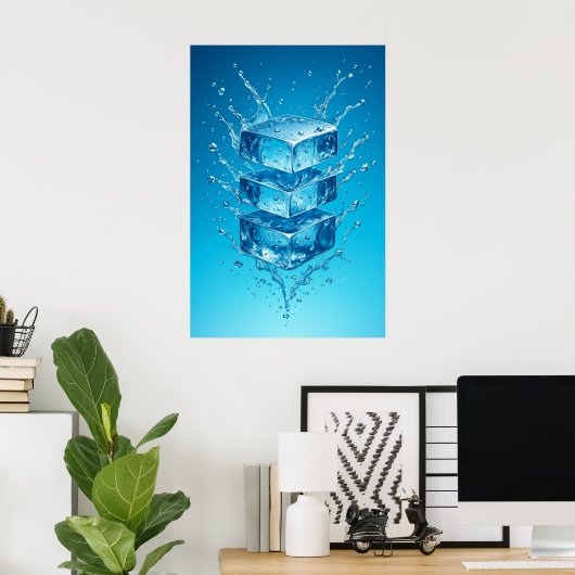Floating Ice Cube Splash - Dynamische digitale kun Poster (Thuiskantoor)