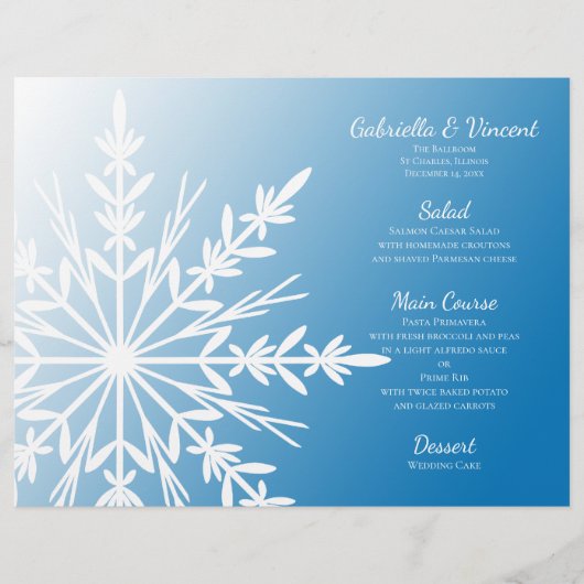 Flocon de neige blanc sur Blue Winter Wedding Menu (Devant)